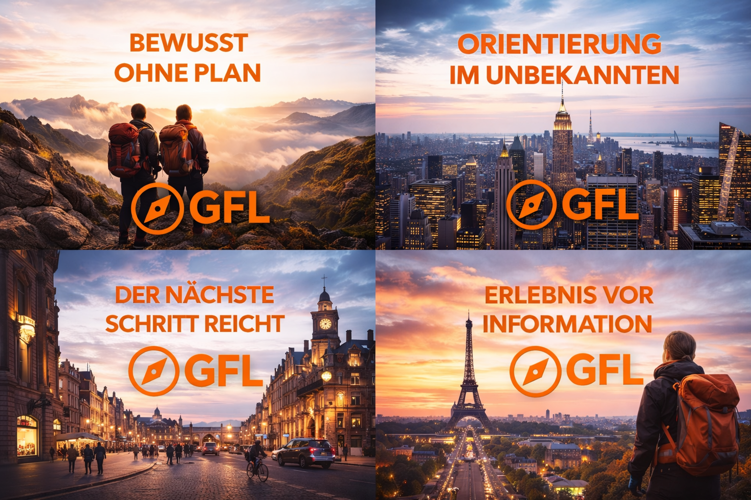 GFL Moodboard mit vier Adventure-Motiven und deutschem Kampagnentext